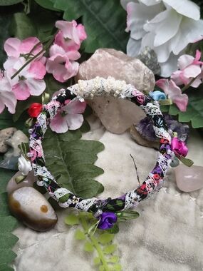 Floral Fabric Wrapped Bangle Bracelet with Lace & Ribbon Flowers